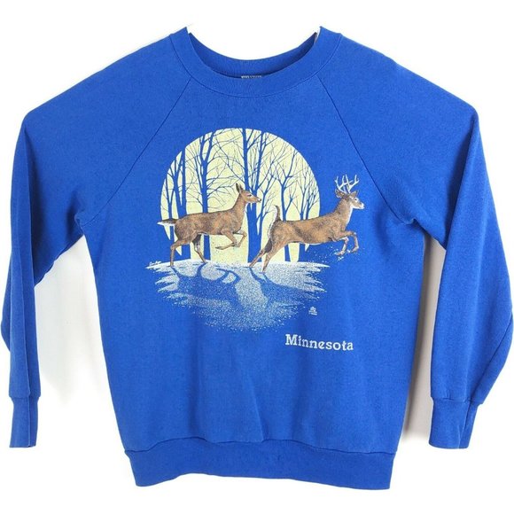 Other - VTG Men's Blue Minnesota Deer Winter Trees Hunting Spell out Pull Over Sweater M